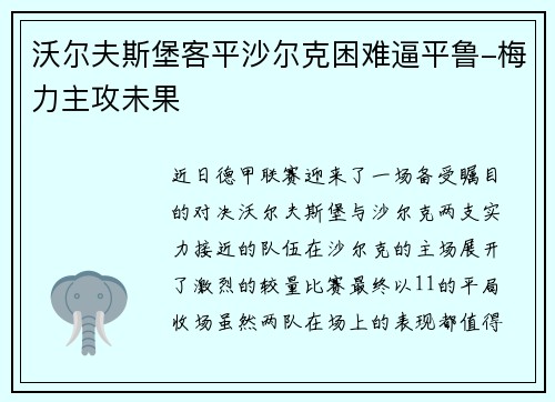 沃尔夫斯堡客平沙尔克困难逼平鲁-梅力主攻未果
