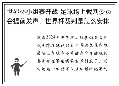 世界杯小组赛开战 足球场上裁判委员会提前发声，世界杯裁判是怎么安排
