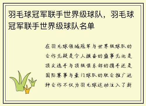 羽毛球冠军联手世界级球队，羽毛球冠军联手世界级球队名单